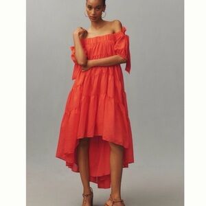 NWT Anthropologie Orange Off-the-Shoulder Tiered High-Low Midi Dress